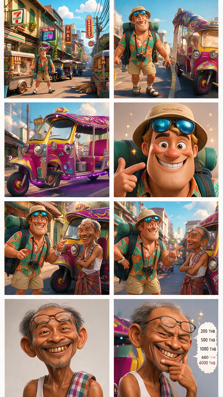 Cast, street, and tuk-tuk references connected to a generated storyboard sheet.