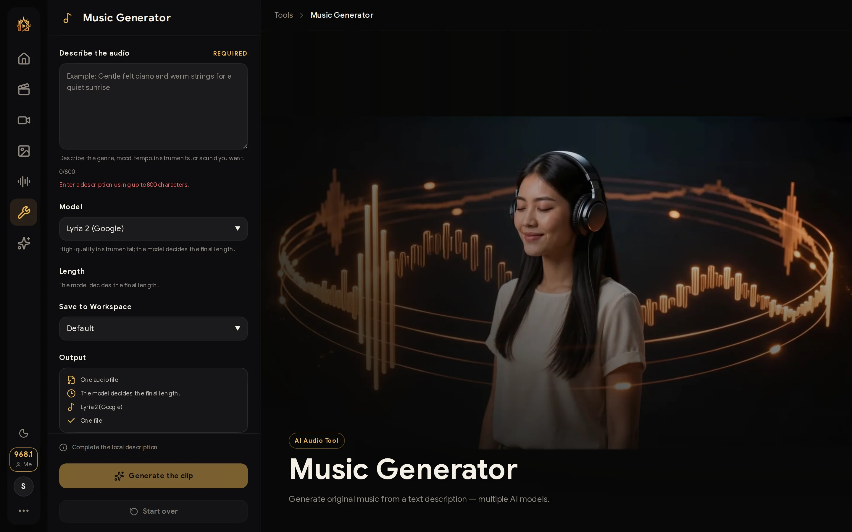 Music Generator tool page