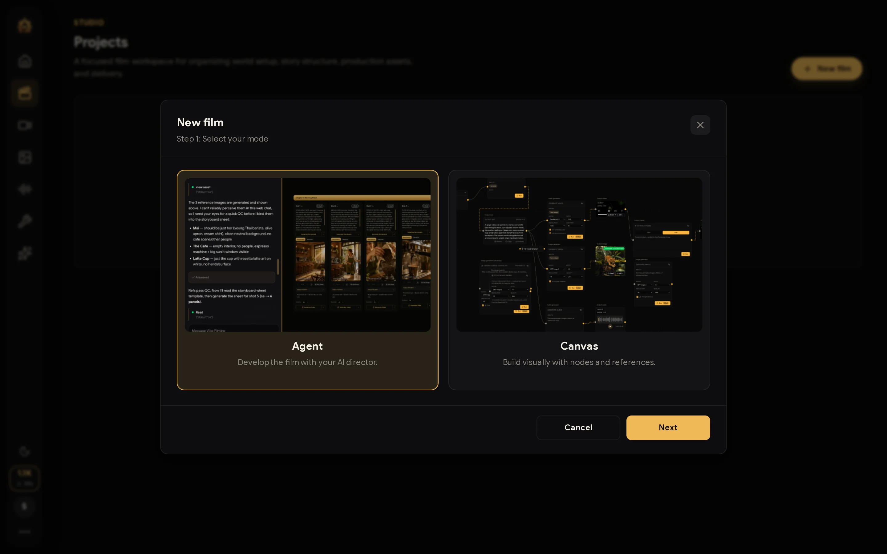 Choose Agent or Canvas mode
