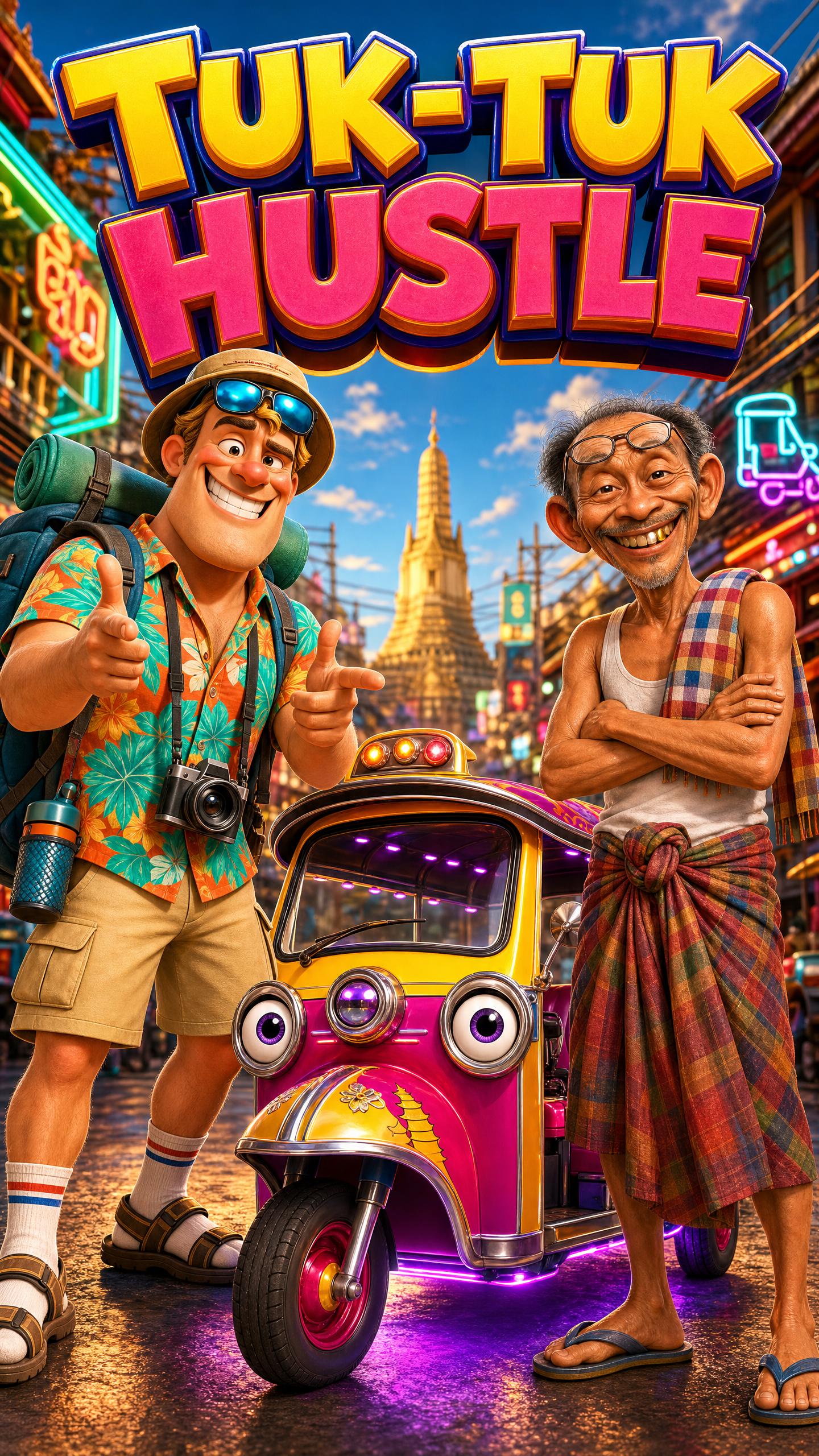 Two animated characters and a tuk-tuk reference connected to a vertical movie cover.