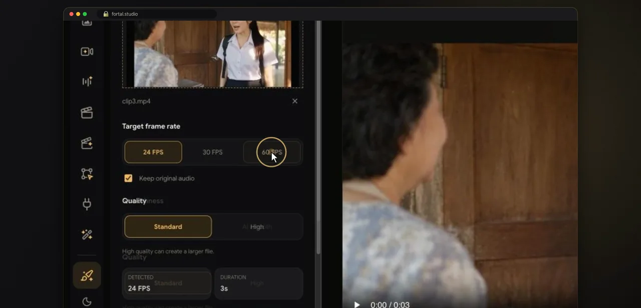 Schritt 1 · อัปโหลดคลิป · เลือก 60 FPS