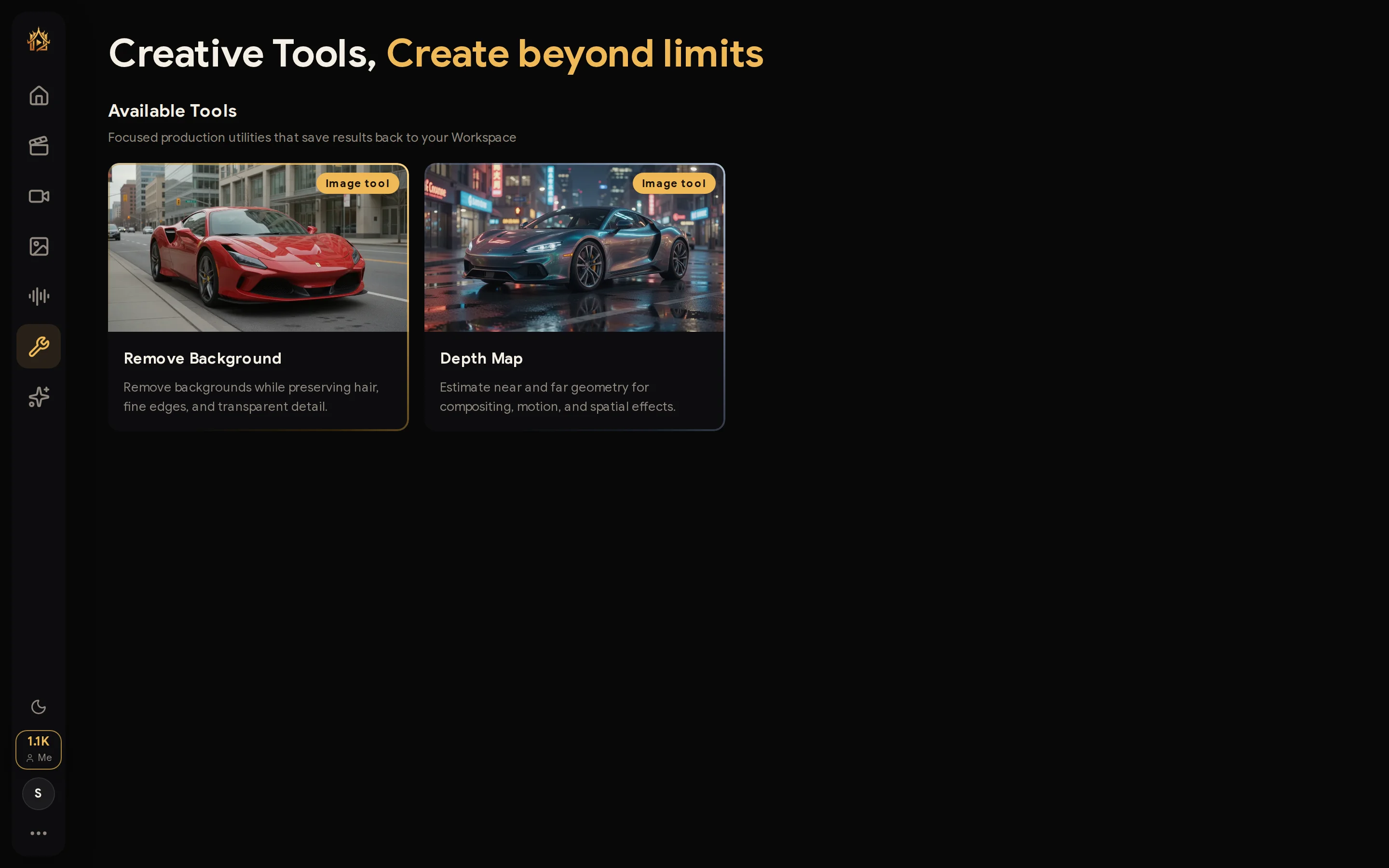 Tools page with the sidebar