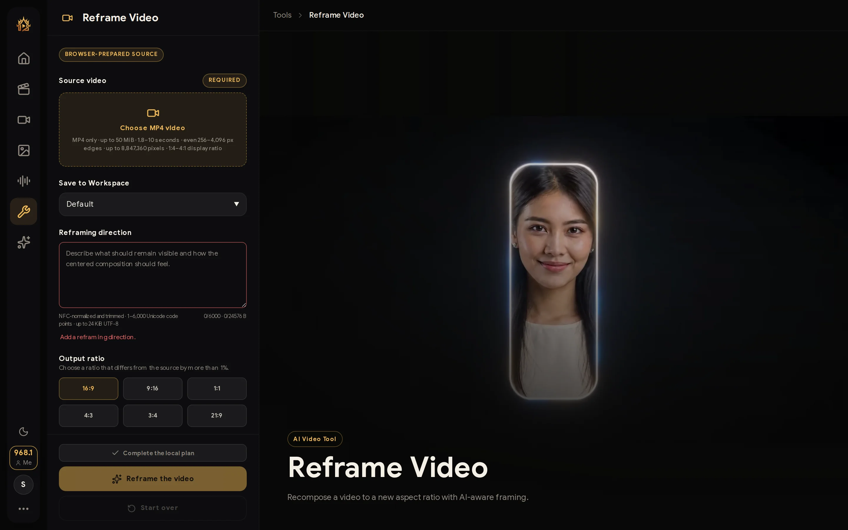 Reframe Video tool page