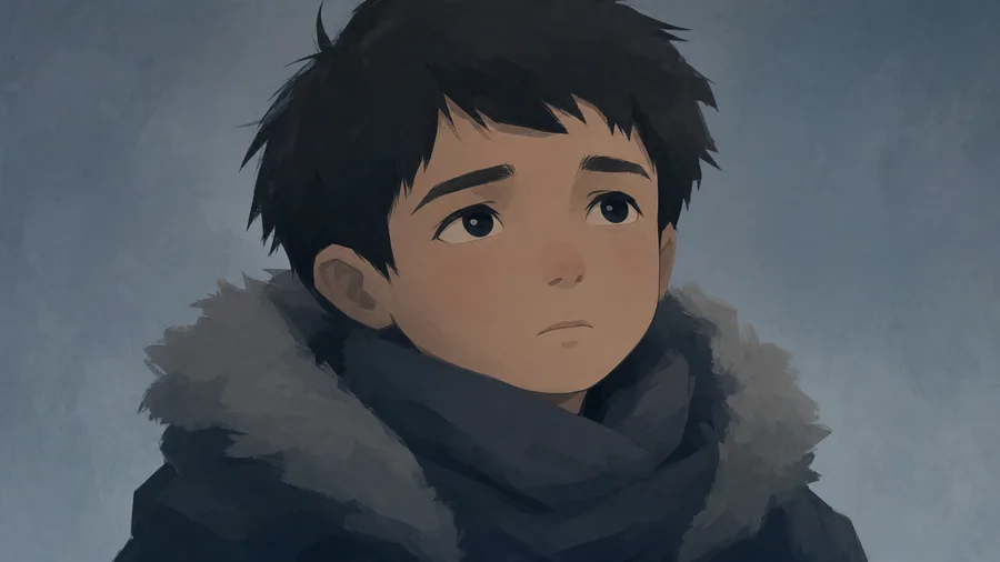 Anime boy in a winter coat, key visual