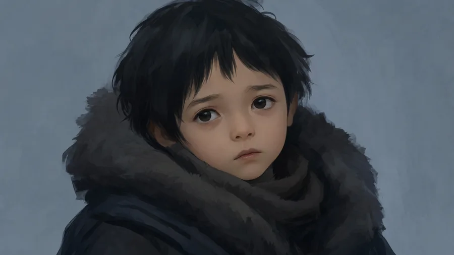 Anime boy close-up, fur hood